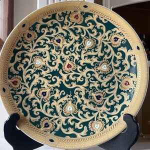 Vintage Green Gold Cloisonné Large Plate 16" Red Square Chinese Marking